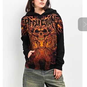 Affliction Womens Hoodie Medium Electric Storm Black Y2K Graphic Skull Flames